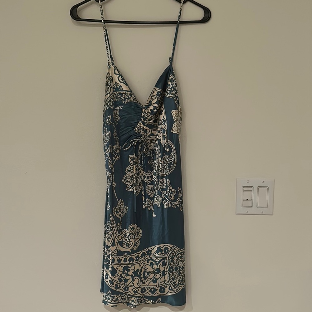 zara teal and gold satin mini dress